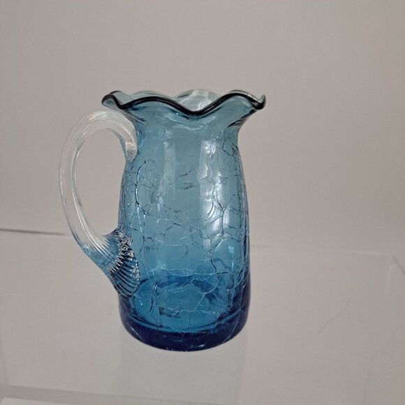 Pilgrim Blue Crackle Glass Pitcher Clear Ribbed Applied Handle - Picture 3 of 7